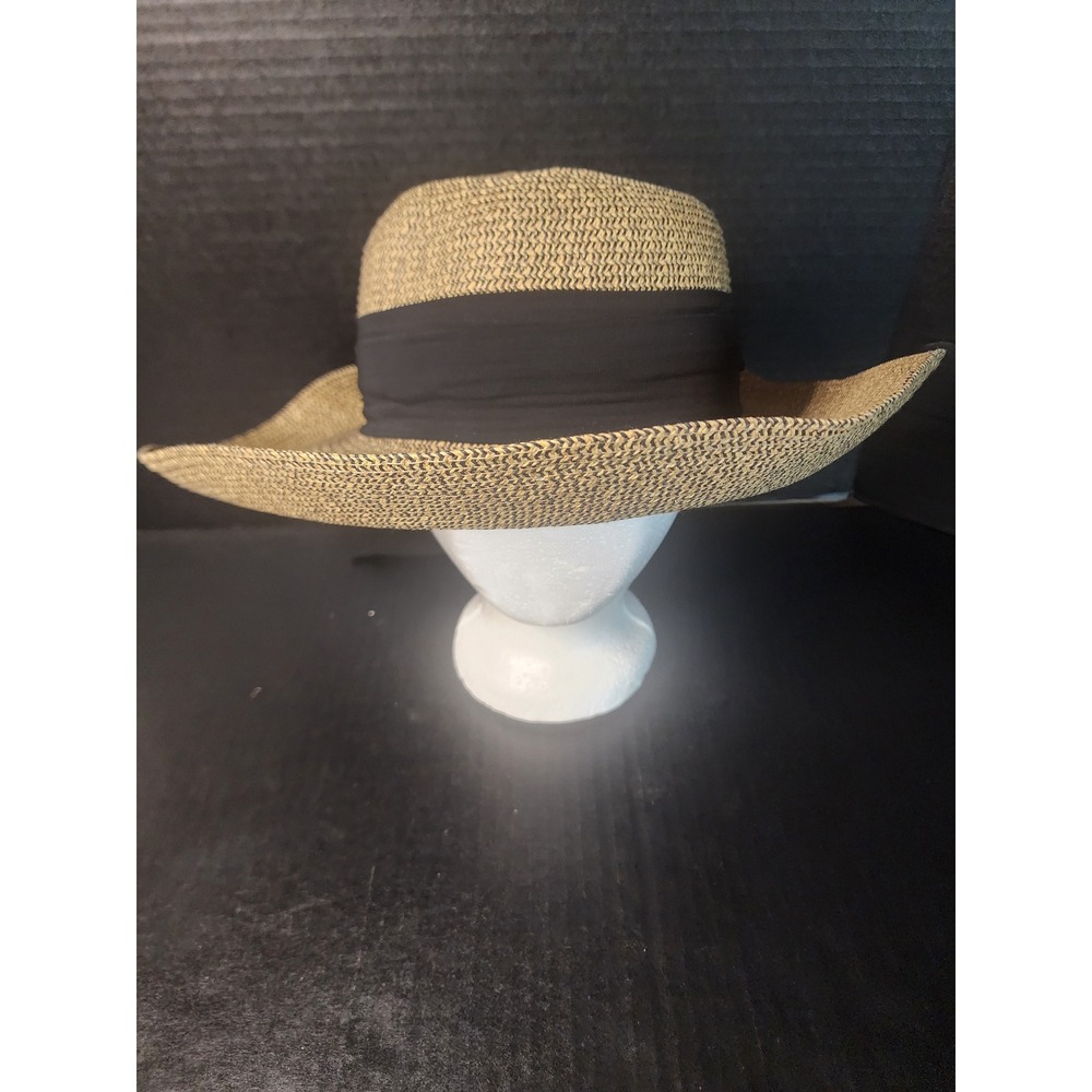 Sun N Sand Floppy Sun Hat Tan Black Woven Paper Braid UPF 50+ Wide Brim Bow